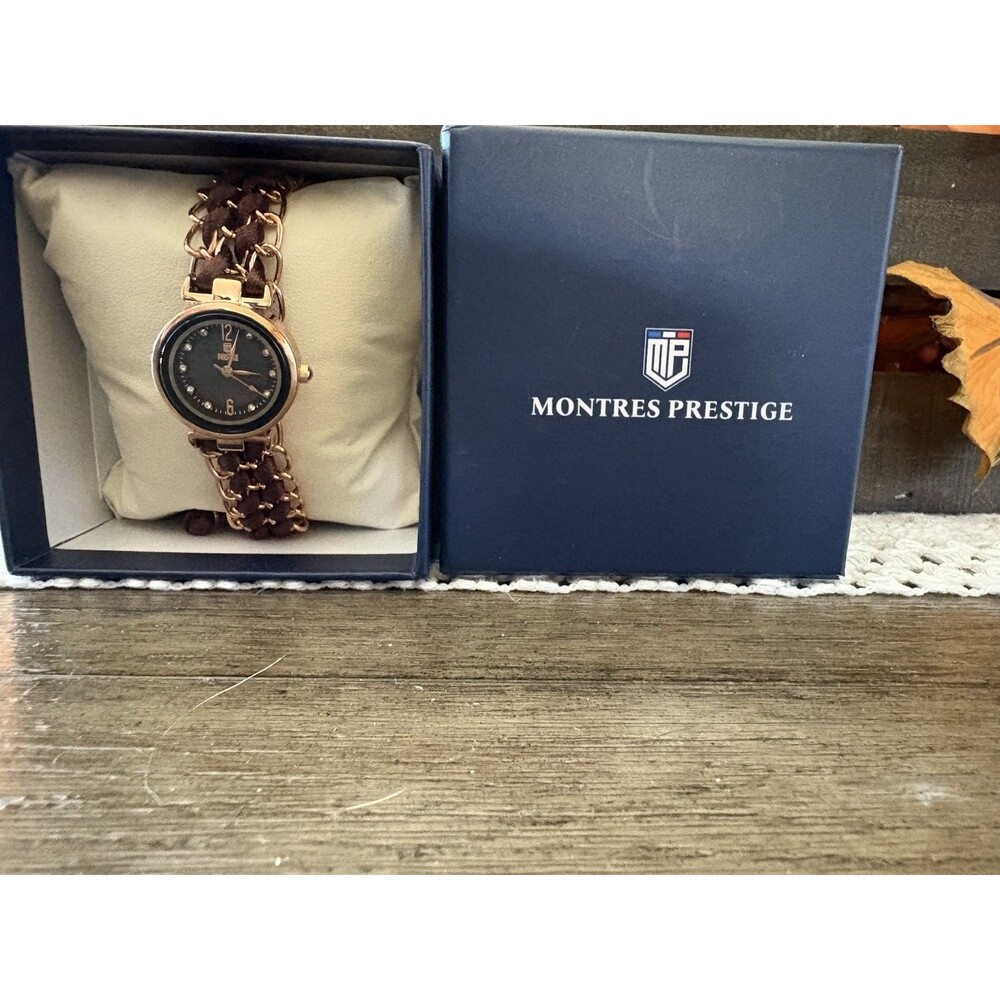 Montres Prestige Women’s Rose Gold Brown Braided Band Watch Rhinestone Dial NIB